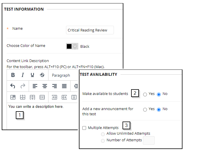 the test options are numbered to match the descriptions below the image